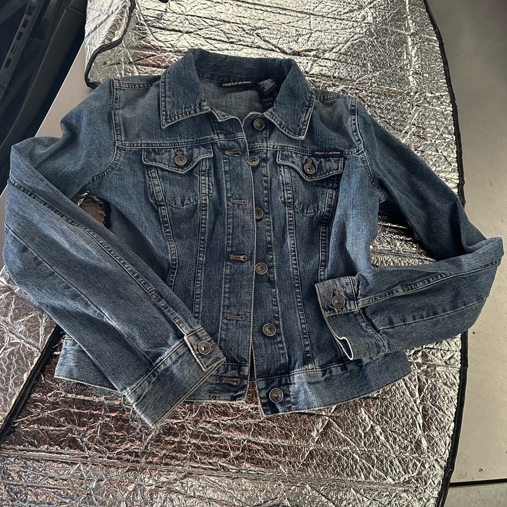 DKNY Blue Denim Jacket with Red Logo Accent